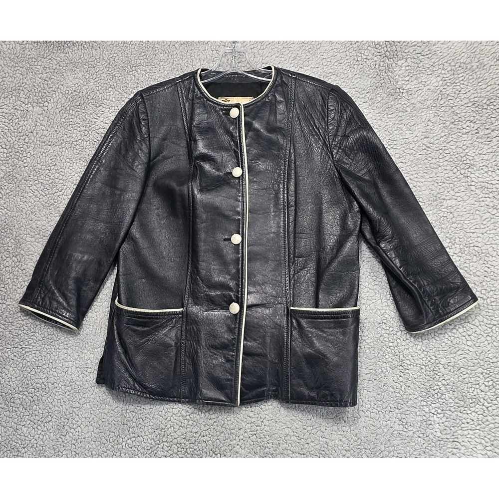 Vintage Cresco Women Black‎ Button Up Leather Bomber Jacket